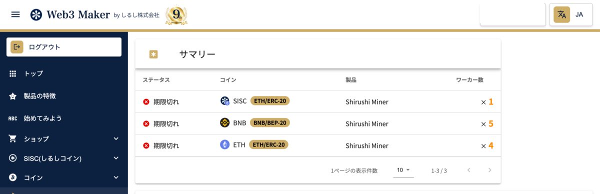 管理画面のワーカー稼働状況。全10台が「期限切れ」になっています（ウォレットアドレスは伏せています）